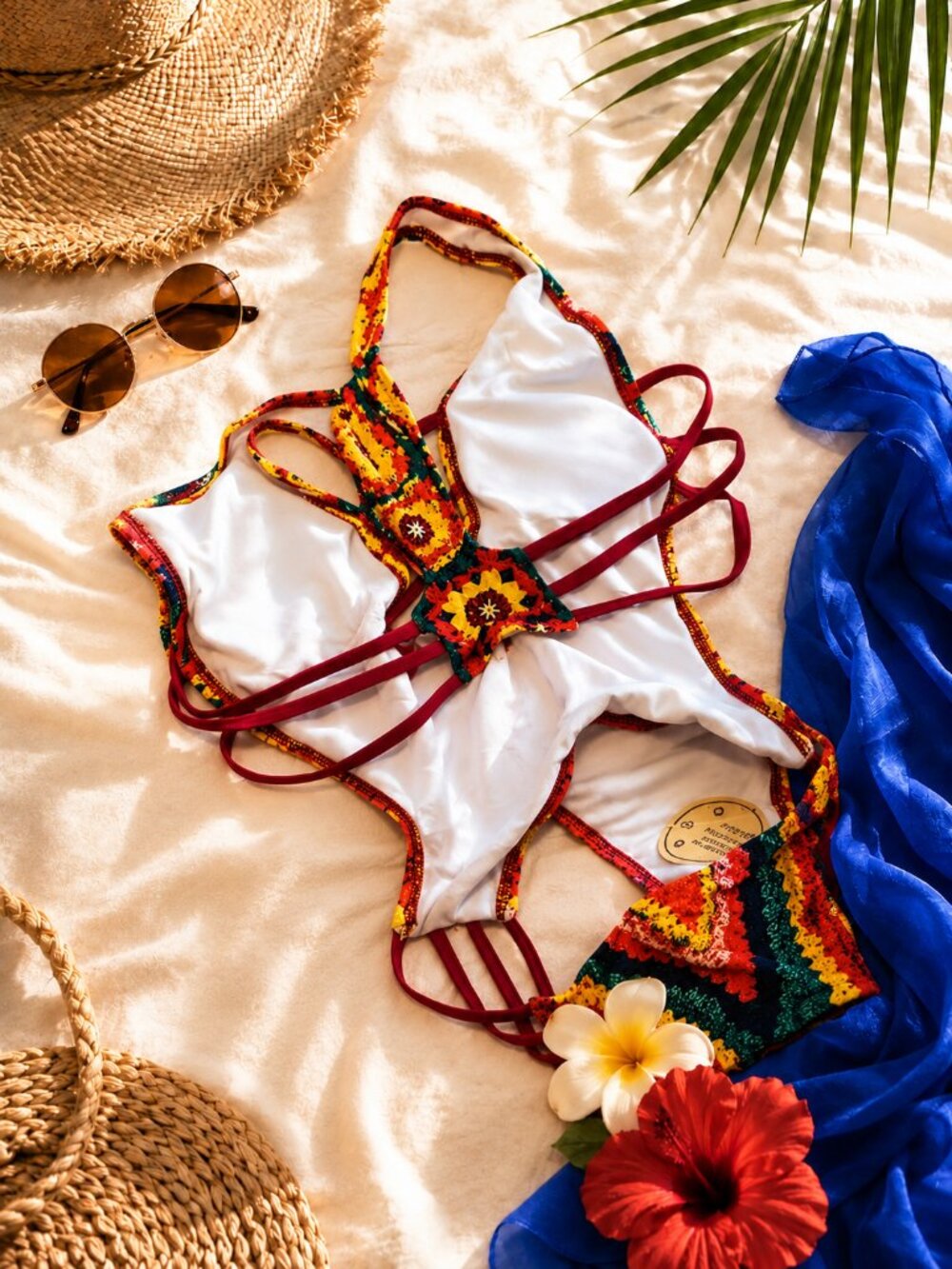 Crochet Look Rainbow Monokini One Piece Swimsuit Cutout Strappy Beachwear Size L - Picture 7 of 9